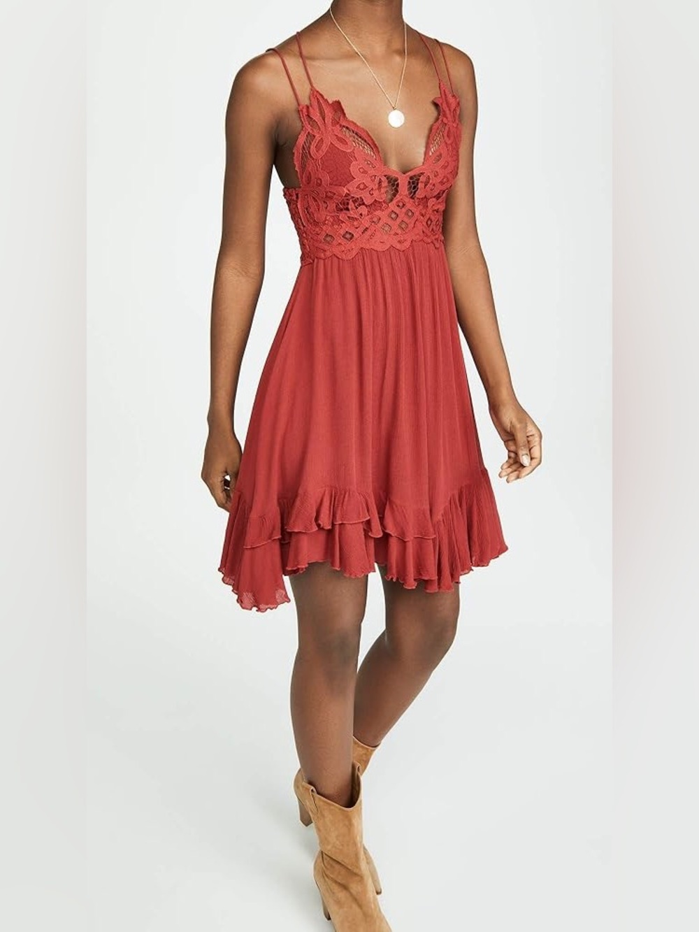 Free People Adella Slip Dress Dark Cherry Red Sz M Lace Boho Babydoll Mini Dress - Picture 2 of 9